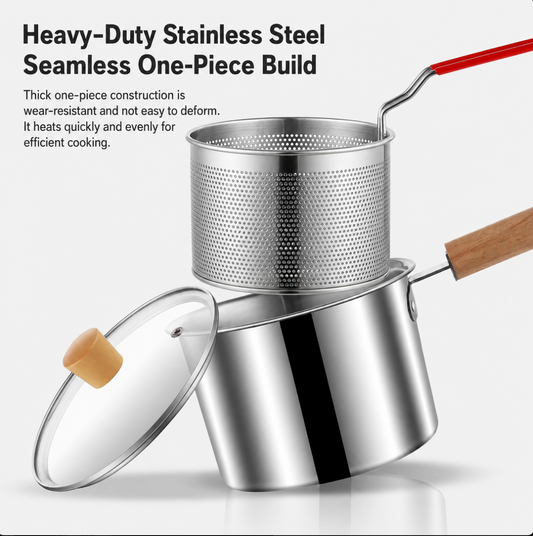 304 Stainless Steel Deep Fry Pot With Oil‑Drain Basket, Household Mini Frying Pot