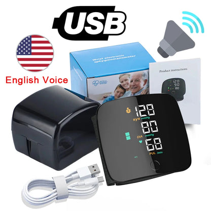English/ Russian / Arabic / Spanish Voice Broadcast Tonometer BP Monitor New Touch LED Rechargeable Wrist Blood Pressure Monitor