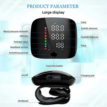 English/ Russian / Arabic / Spanish Voice Broadcast Tonometer BP Monitor New Touch LED Rechargeable Wrist Blood Pressure Monitor
