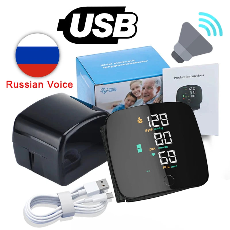 English/ Russian / Arabic / Spanish Voice Broadcast Tonometer BP Monitor New Touch LED Rechargeable Wrist Blood Pressure Monitor