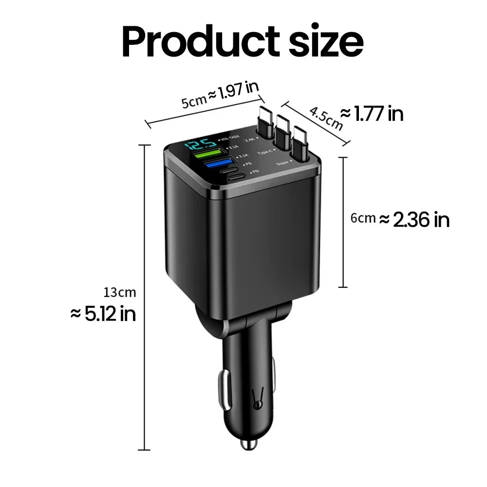 7 In 1 Quick Phone Charger 148W PD Type C Dual USB Phone Charger Digital Voltmeter with 3 Retractable Cables For IPhone Huawei