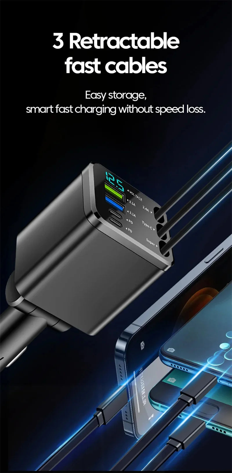 7 In 1 Quick Phone Charger 148W PD Type C Dual USB Phone Charger Digital Voltmeter with 3 Retractable Cables For IPhone Huawei