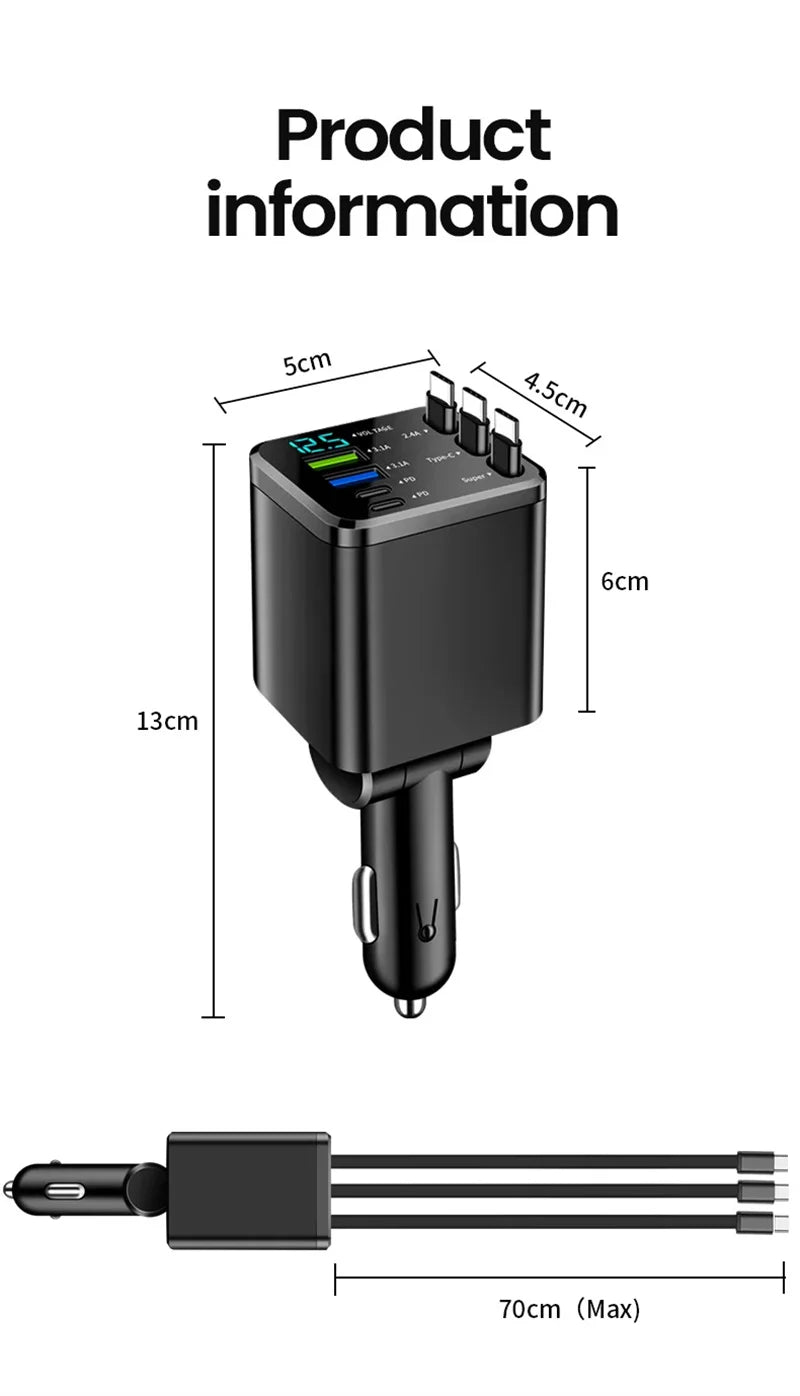 7 In 1 Quick Phone Charger 148W PD Type C Dual USB Phone Charger Digital Voltmeter with 3 Retractable Cables For IPhone Huawei