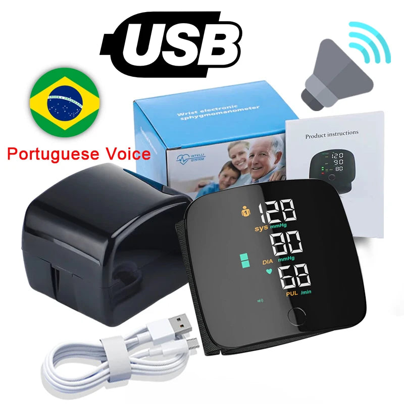 English/ Russian / Arabic / Spanish Voice Broadcast Tonometer BP Monitor New Touch LED Rechargeable Wrist Blood Pressure Monitor