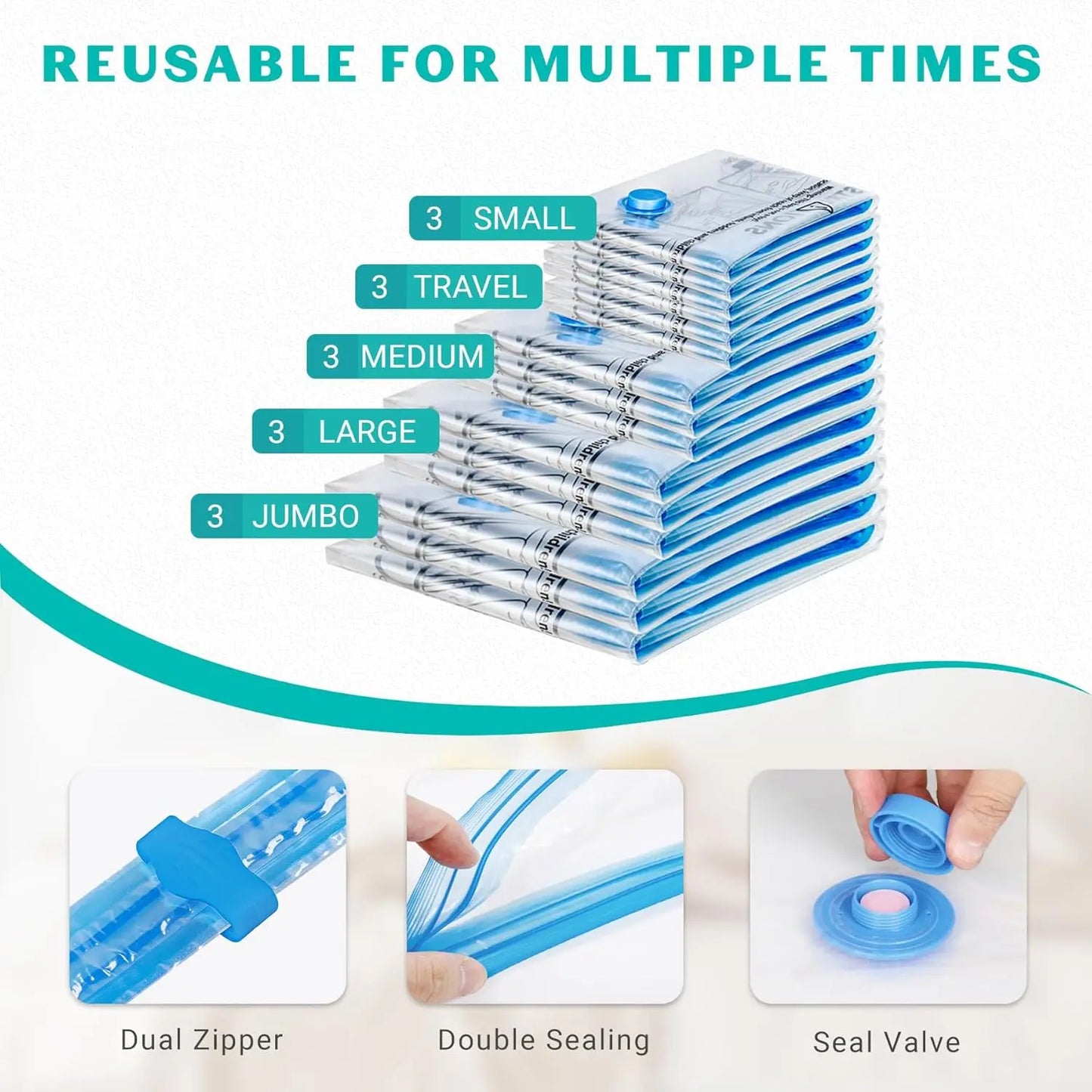 15 Pack Vacuum Storage Bags with Hand Pump for Clothes, Blankets & Travel - Space Saving Solution