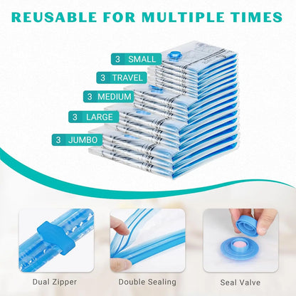15 Pack Vacuum Storage Bags with Hand Pump for Clothes, Blankets & Travel - Space Saving Solution