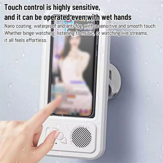 360-degree Bathroom Waterproof Phone Box Bluetooth Speaker Waterproof Anti-Fog Touch Screen Wall Mount Phone Holder For Shower