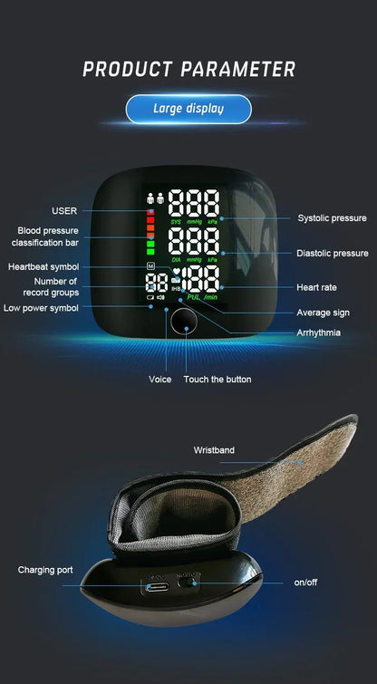 English/ Russian / Arabic / Spanish Voice Broadcast Tonometer BP Monitor New Touch LED Rechargeable Wrist Blood Pressure Monitor