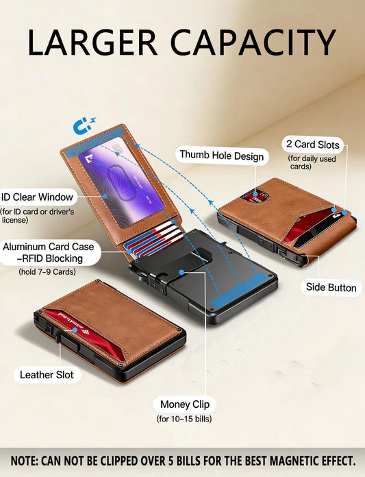 RFID Blocking Slim Wallet – Leather Bifold Front Pocket with Pop-Up Card Holder & Money Clip