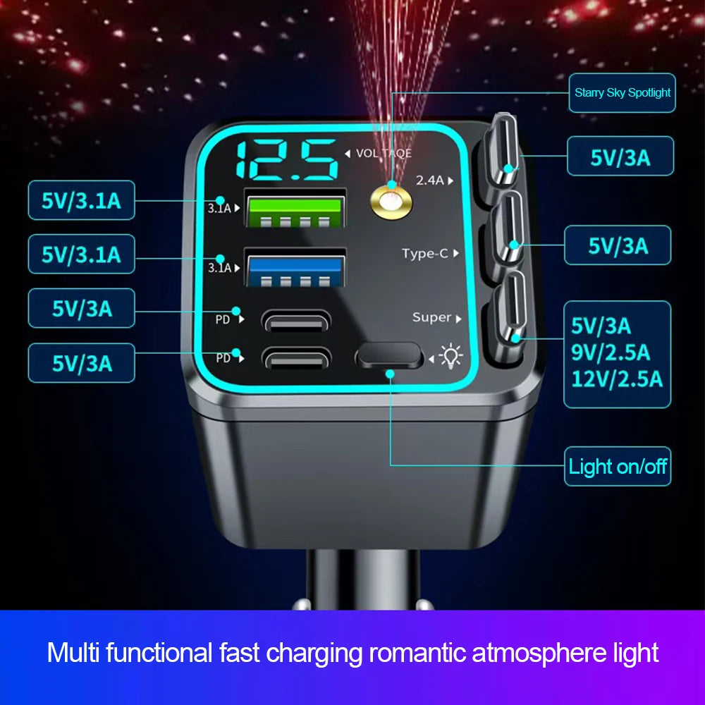 7 In 1 Quick Phone Charger 148W PD Type C Dual USB Phone Charger Digital Voltmeter with 3 Retractable Cables For IPhone Huawei