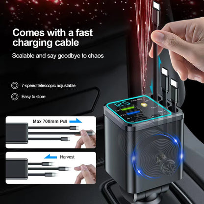 7 In 1 Quick Phone Charger 148W PD Type C Dual USB Phone Charger Digital Voltmeter with 3 Retractable Cables For IPhone Huawei