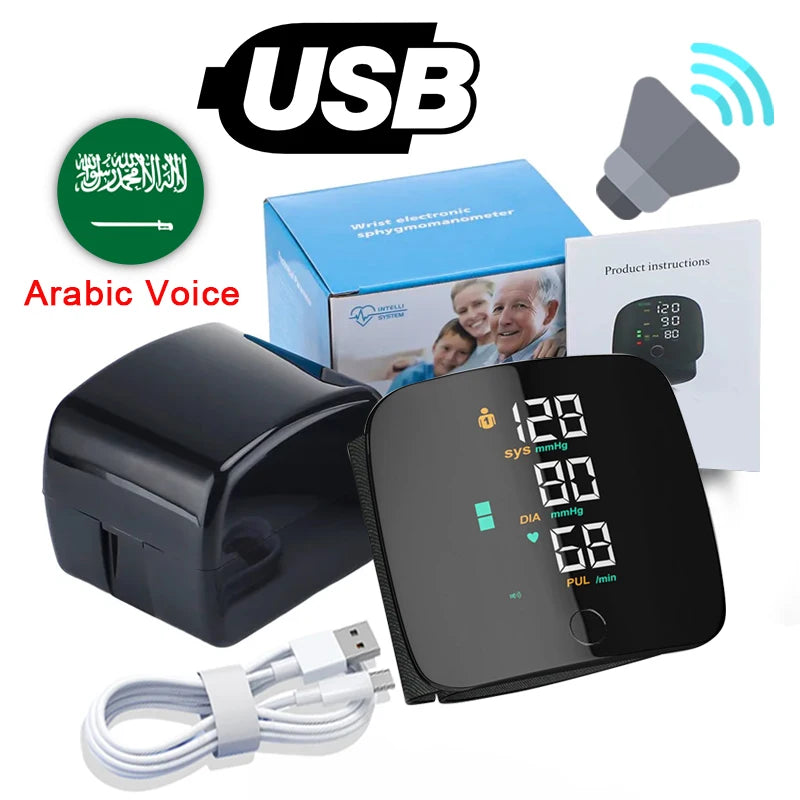 English/ Russian / Arabic / Spanish Voice Broadcast Tonometer BP Monitor New Touch LED Rechargeable Wrist Blood Pressure Monitor