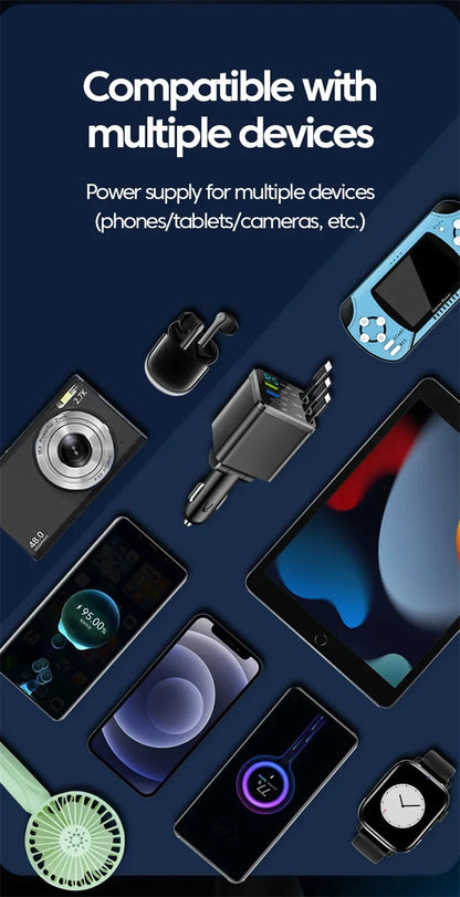 7 In 1 Quick Phone Charger 148W PD Type C Dual USB Phone Charger Digital Voltmeter with 3 Retractable Cables For IPhone Huawei