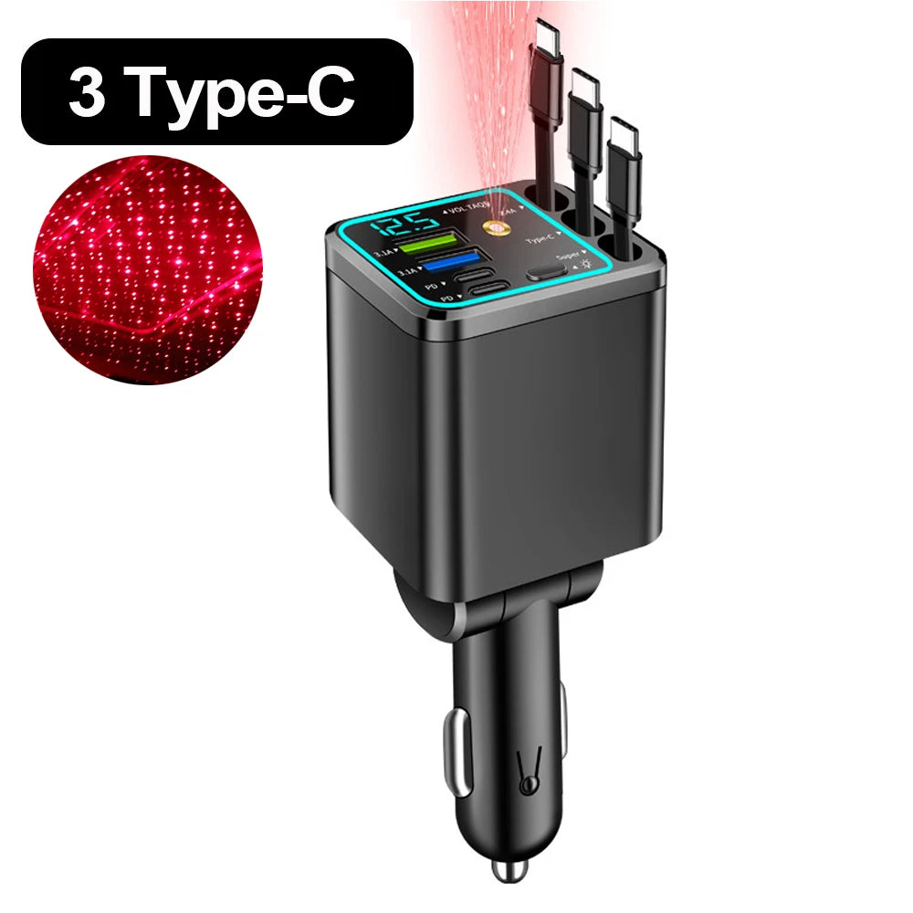 7 In 1 Quick Phone Charger 148W PD Type C Dual USB Phone Charger Digital Voltmeter with 3 Retractable Cables For IPhone Huawei