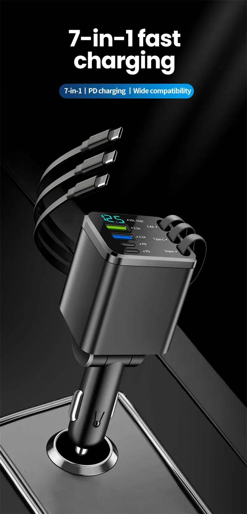 7 In 1 Quick Phone Charger 148W PD Type C Dual USB Phone Charger Digital Voltmeter with 3 Retractable Cables For IPhone Huawei